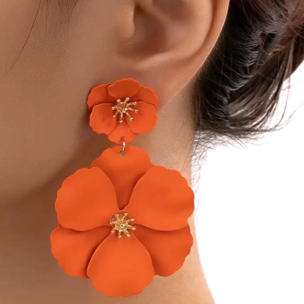 NEW Amaya Neon Orange Tropical Flower Drop Statement Earrings